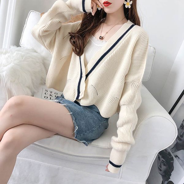 

lazy women sweater female short paragraph loose wear 2020 autumn new wool knit cardigan, White
