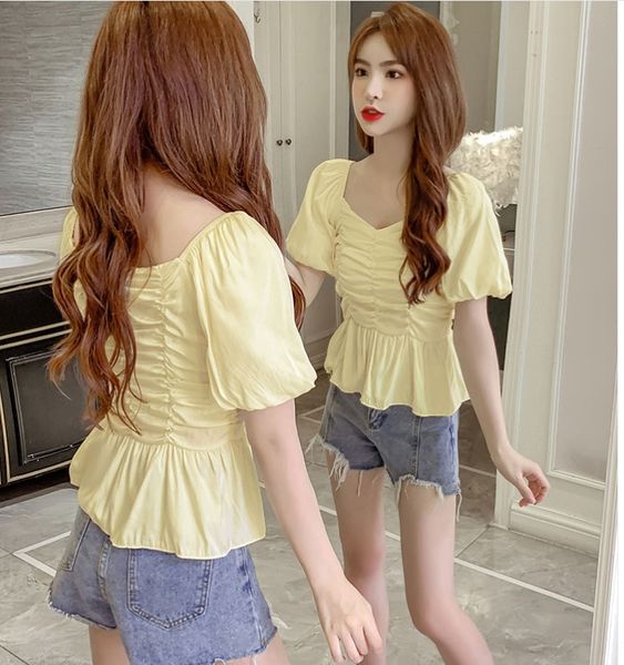 

2020 summer new western style pleated slim flounced short bubble shirt sleeve shirt for women, White