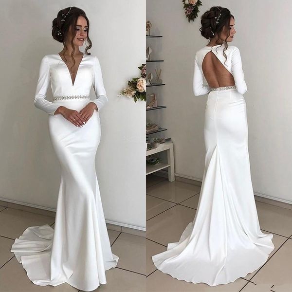 

setwell deep v-neck mermaid wedding dresses 3/4 long sleeves backless crystals beaded floor length bridal gowns, White