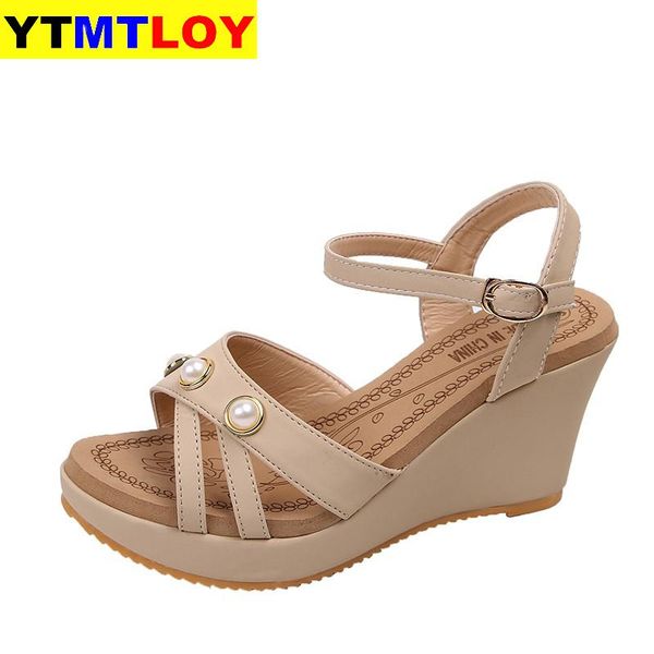 

spring/summer 2020 new wedge heel sandals high-heeled shoes buckle pearl waterproof taiwan fish mouth 35-41, Black