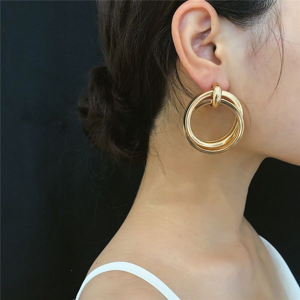 

double helix europe gold earring hoop simple business geometric round pendant stud earrings women girls silver ear jewelry, Golden;silver