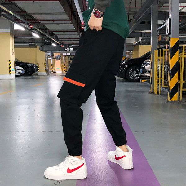 

joggers spring hip hop black harem fleece winter pants men multi-pocket ribbons sweatpants casual trousers