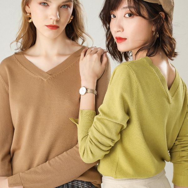 

women's v-neck sweater autumn and winter new solid color wool knitted full sleeve short fashion versatile pullover multi-color, White;black
