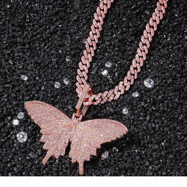 

все розовый циркон асфальтовой bling ice out бабочка подвеска ожерелье теннис цепь мужчины женщина hip hop рэппер ожерелье, Silver