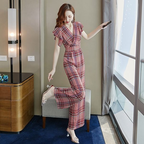 

ngsk7 plaid women's summer 2020 summer new korean style small slimming pantsbody pants jumpsuit pantstemperament chiffon wide leg jumps, Gray