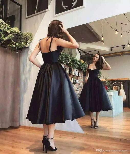 Kleine schwarze A-Linie-Abschlussballkleider, Spaghettiträger, Satin, kurzes Cocktailkleid, Teelänge, Abendkleider, formelles Partykleid, Abendgarderobe