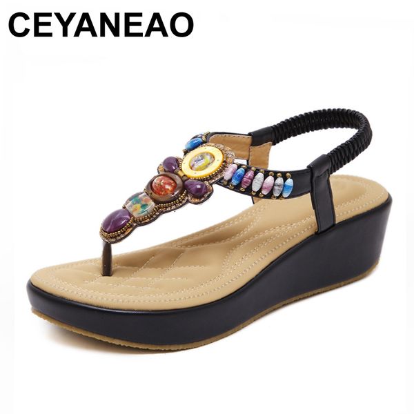 

ceyaneao 2020 summer women shoes new fashion slope woman sandals beads plus size femme soft open toe wedges women sandals, Black