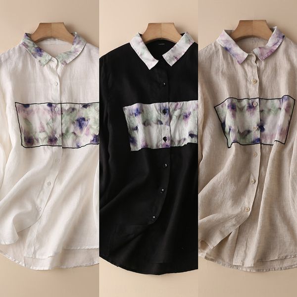 

8203 cotton and linen printed hong kong style women's spring shirt new loose long sleeve linen black thin shirt, White