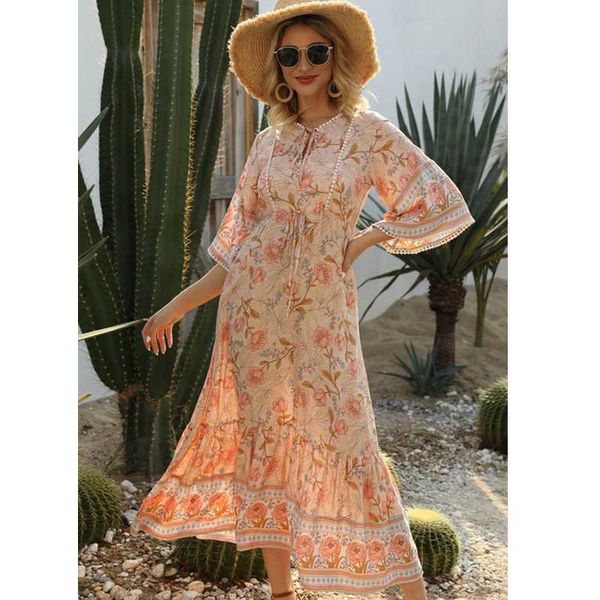 

casual dresses waist dress boho mid-sleeve floral print long rope v-neck retro stitching lace ladies vestidos femininos, Black;gray