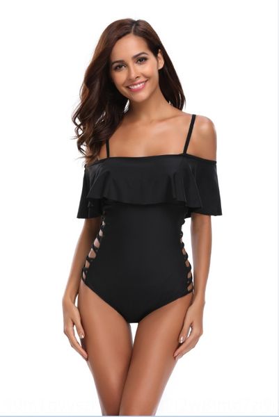 

new 2019 ruffled one-piece bandage women's new 2019 ruffled sling one-piece sling bandage swimsuit women's swimsuit, White;black