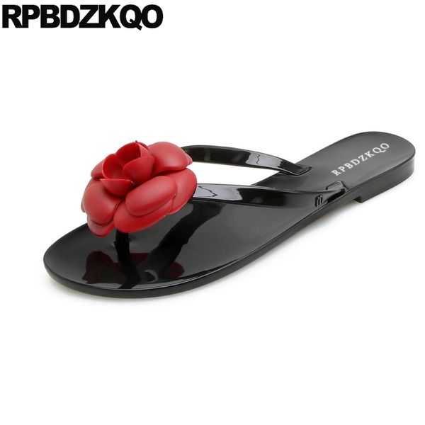 

big size plus women sandals flat casual flip flop slippers cute ladies embellished slip on slides shoes rubber flower, Black