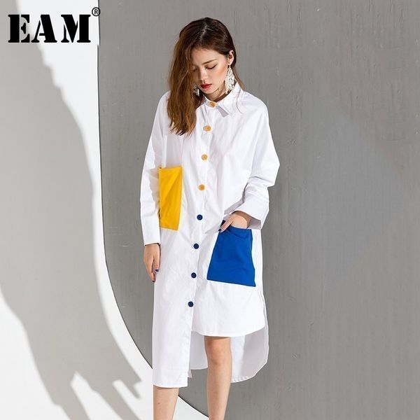 

eam] 2020 spring fashion new hit color double colorful pockets wihte loose large size long-shirt women tide t046, White