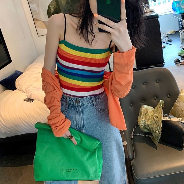 

2020 summer new korean style same rainbow stripe contrast camisole coat vest color base vest strap women's outer wear, Camo