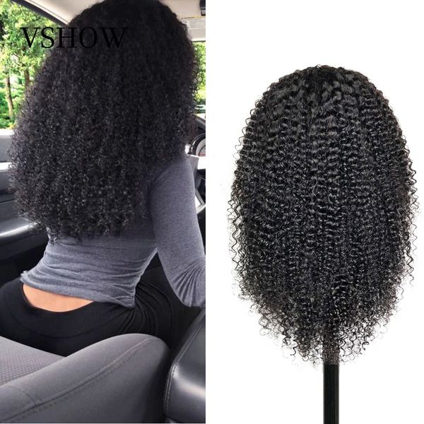 

vshow 13*4 mongolian kinky curly lace front human hair wigs 150 180 density remy hair wigs pre plucked with baby hair, Black
