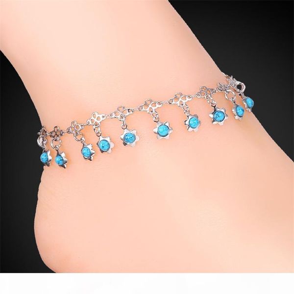 

women blue turquoise stone charms ankle chains 18k gold platinum plated sandal jewelry summer anklets bracelets, Red;blue