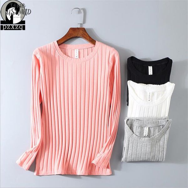 

spring thin womens 95% cotton striped solid color long sleeved t shirt female  3xl super elastic slim o neck girls, White