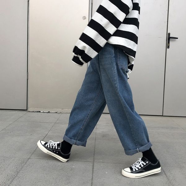 

men's jeans summer 2021 fashion casual street korean loose straight trend bf wild wide leg pants handsome harem trousers, Blue