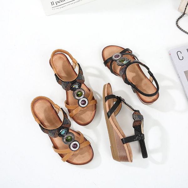 

bohemian shoes summer women crystal flip flops sandals new flats ladies beach sandals fashion casual beaded wedge, Black