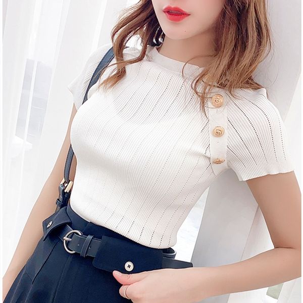 

short sleeve women's 2020 new white t-shirt women's round neck slim button ice silk t-shirt thin sweater button sweater top