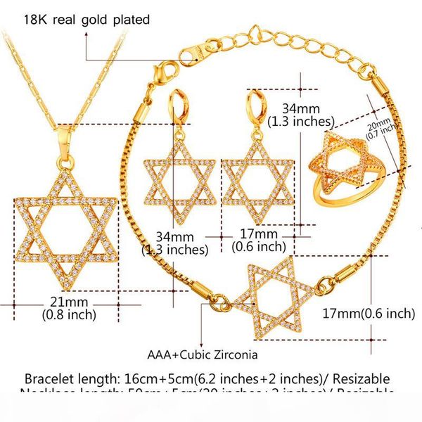 

cubic zirconia magen david necklace set for women platinum plated 18k real gold plated star of david engagement jewelry set, Silver