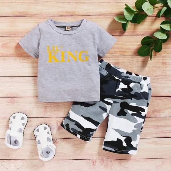 

clothing sets fashion children casual suit kids clothes summer boy set gray letter print t-shrit + camo short pants, White