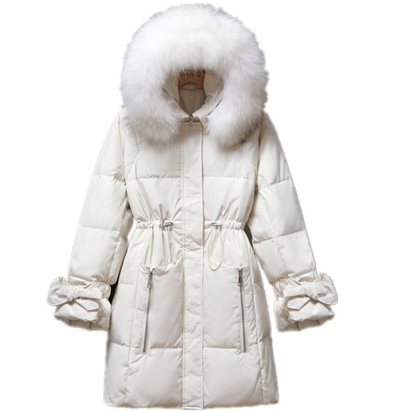 

zvaqs women's costumes real raccoon fur collar hooded parkas jacket woman white duck down jackets long female coats casaco tn60, Black
