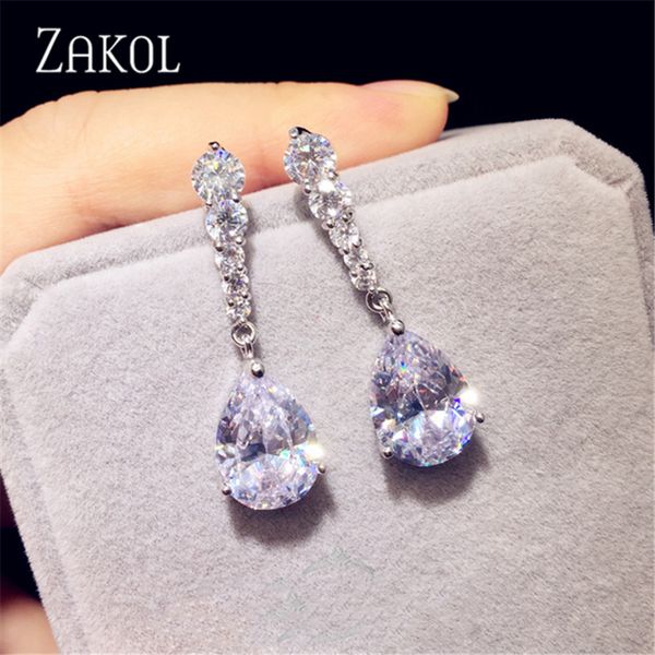 

zakol fashion female zirconia crystal water drop long dangle earrings white stone earrings boho bridal wedding jewelry fsep2133, Silver
