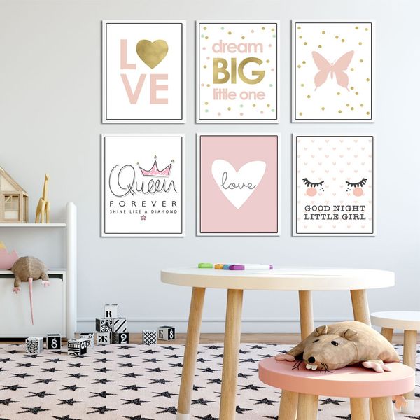 

pink queen crown love nursery wall art poster painting good night quote canvas picture nordic baby girl bedroom decoration