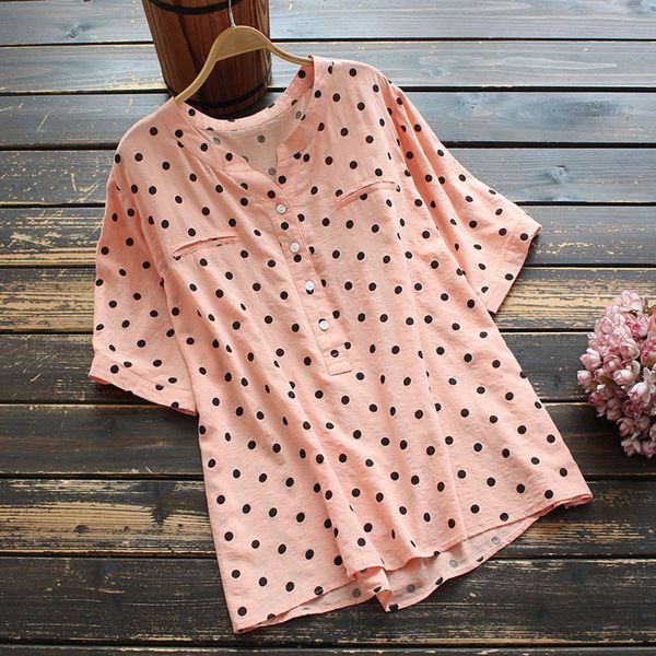 

new summer women's clothing arts loose dot v-neck short sleeve shirt top, White