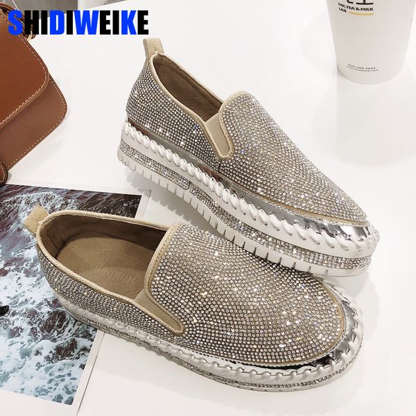 

2020 brand european fashion espadrilles shoes woman leather creepers flats ladies loafers crystal loafers g361 cx200720, Black