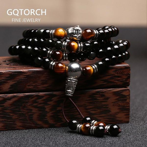 

rainbow obsidian bracelet buddha jewelry 108 beads with natural tiger eyes stone amulet charm bracelets for men and women, Golden;silver