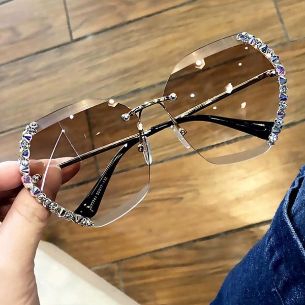 

zuczug fashion diamond rimless sunglasses women brand big frame sun glasses female rhinestones gradient lens eyewear uv400, White;black