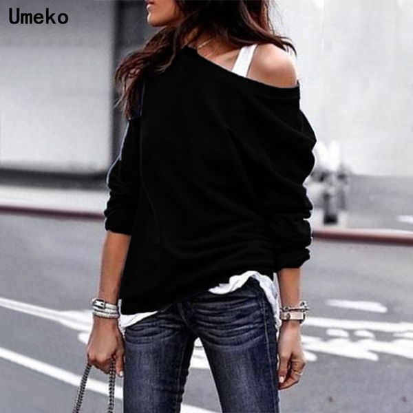 

umeko 2020 autumn fashion women's off shoulder casual pullovers soft long sleeve solid loose women hoodies pullover plus size, Black