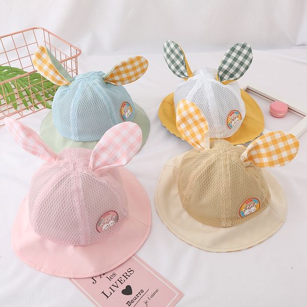 

new baby net cute rabbit ear children fisherman short tail basin hat cute baby out sun hat, Yellow