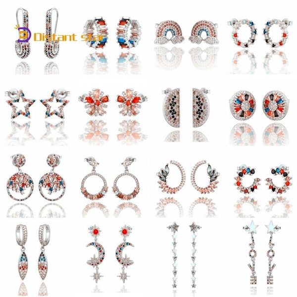 

2020 new rainbow zircon stud earrings jewelry for women cz earrings star love smile circle flower gift, Silver