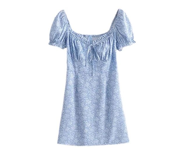 

2020 print blue a line women's dresses clothing square collar mini dress french style foam short sleeve flower retro chic short skirt, Black;gray