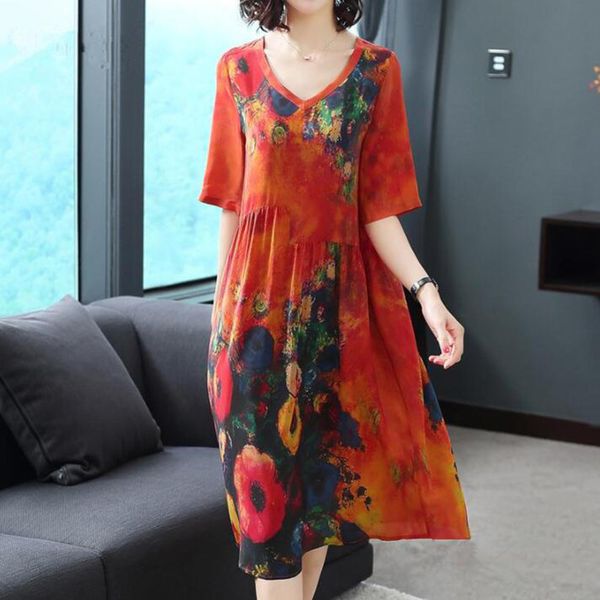 

2020 new arrival women silk dress female summer half sleeve v-neck vintage print dresses loose casual plus size vestidos mujer, Black;gray
