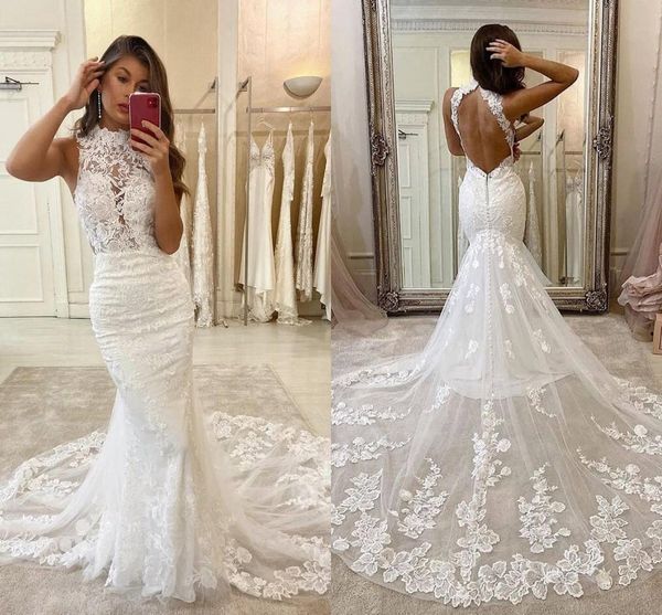 Setwell Halter sirena del collo abiti da sposa senza maniche Backless sexy in pizzo Appliques lunghezza del pavimento lungo treno Abiti da sposa