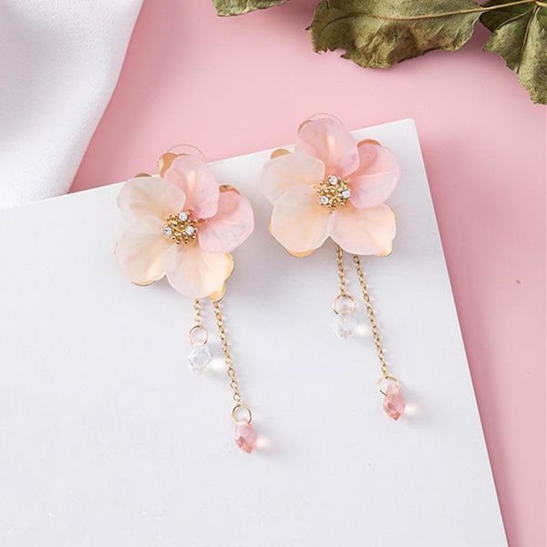 

korean double layers metal acrylic flower long chain tassel crystal pendant dangle earrings sweet fashion women jewelry 5b3020, Silver