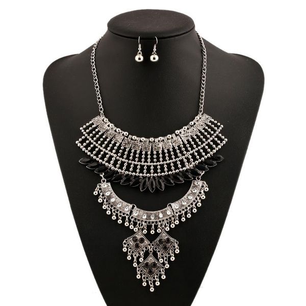 

fashion crystal necklaces 2019 trendy women classic vintage hollow pendant necklace maxi jewelry round bead tassel statement, Silver