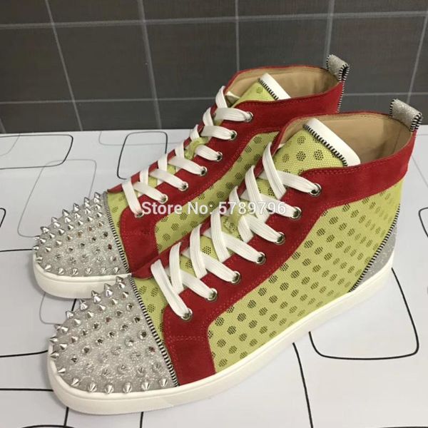 

high red bottom yellow net leather sport shoes men casual flats loafers silver rivets toecap runway outdoor walking sneakers, Black