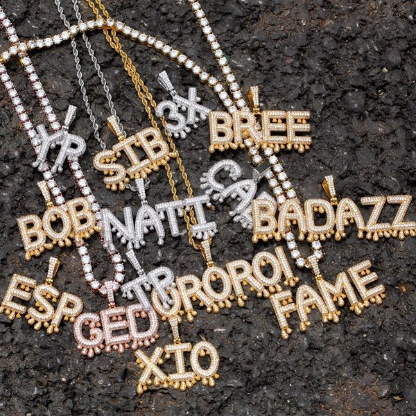 

a-z custom name drip bubble initial letters pendant necklace with rope chain and tennis chain silver gold color iced jewelry