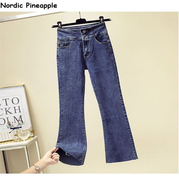 

high-waisted elegant temperament western style thin double-breasted high-stretch micro pull jeans, Blue