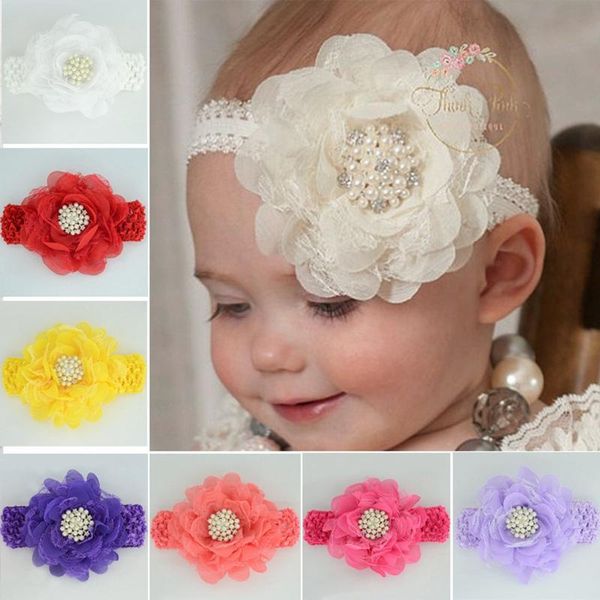 

kids lace pearl big flower headband wide band hairband newborn flowers head wrap elastic hair band accessories bandeau, Slivery;white