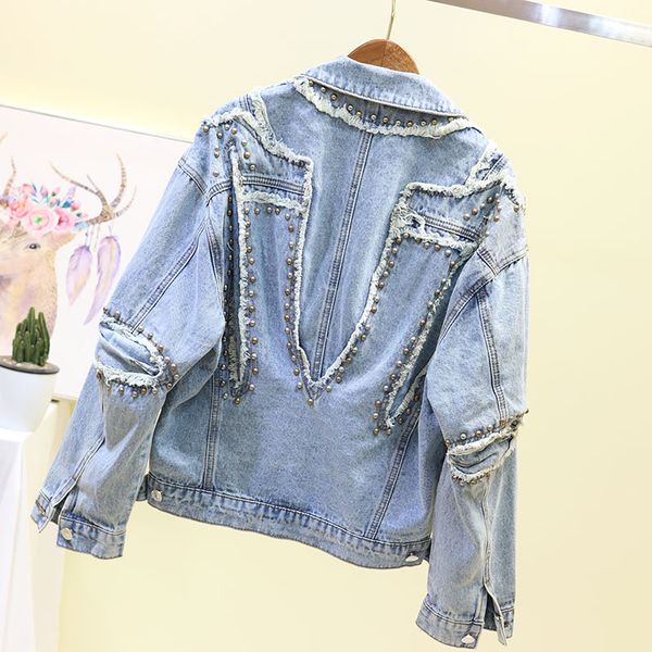 

осень женщины new rivet бисероплетение джинсовой куртки mujer chaqueta сыпучие patch hole жан куртка женский harajuku coat high улица outwea, Black;brown