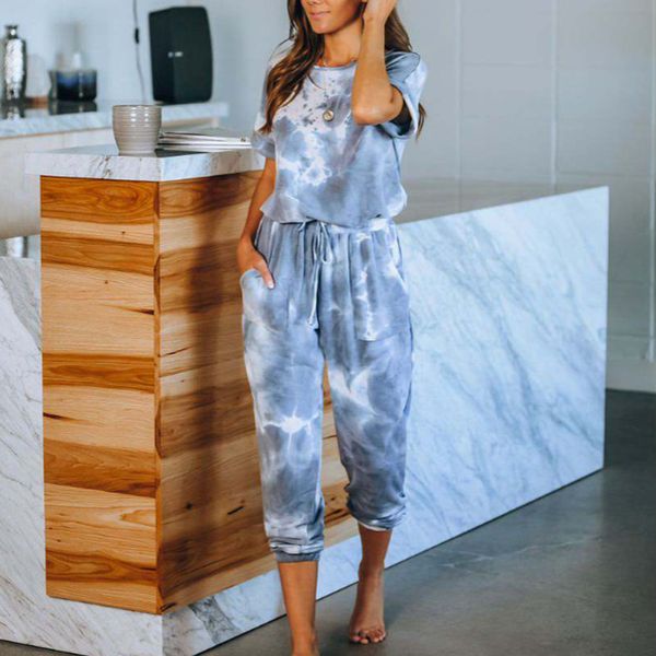 

women's jumpsuit tie dye pattern back button design loose short sleeve waist drawing straps round neck jumpsuit romper bodysuit, Gray