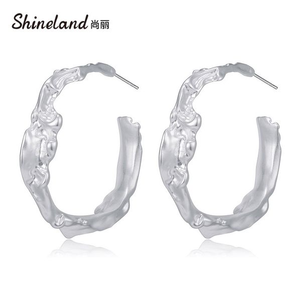 

shineland big circle hoop earrings for women silver color alloy irregular round female statement jewelry boucle d'oreille femme, Golden;silver
