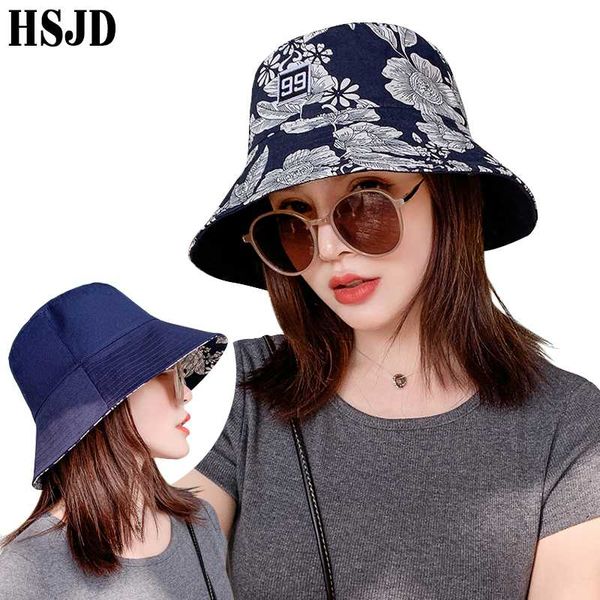 

new women double-sided flower print bucket hat hip hop caps cotton foldable summer panama female outdoor casual fisherman hats, Blue;gray