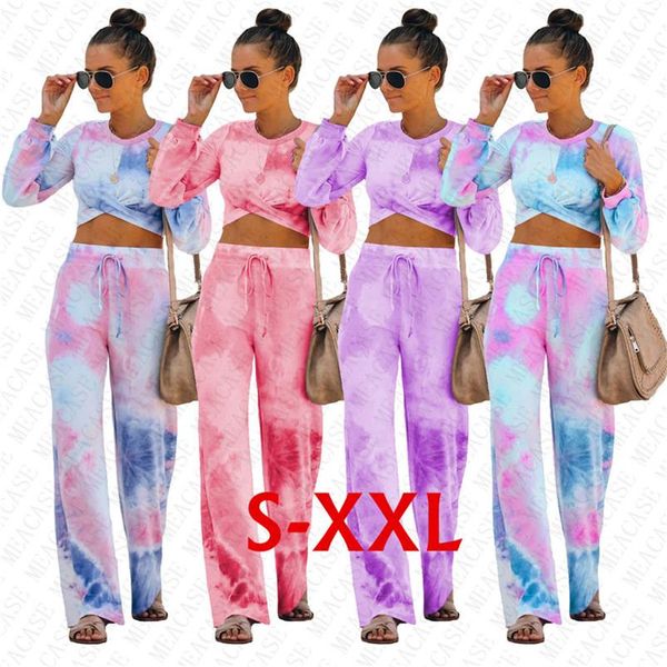 

tie-dyed designer women long sleeve tracksuit crop cross hoodies + loose pants two piece fashion gradient sports suit streetwear d72711, White