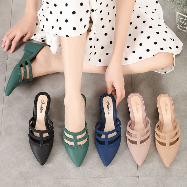

hollow out shallow stiletto sandals women's wedges shoes rivet doll shoes solid color soft sandals slippers, Black